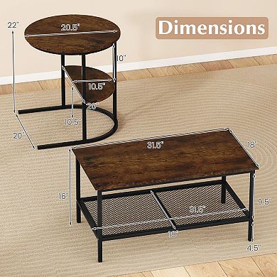 2Pc Coffee Table Set with Rectangular Table & Side Table with Open Storage Shelves for Living Room