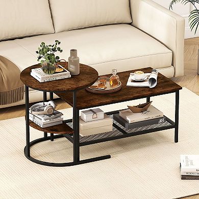 2Pc Coffee Table Set with Rectangular Table & Side Table with Open Storage Shelves for Living Room