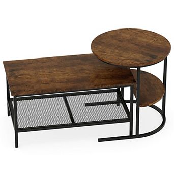 2 pc Coffee Table Set with Rectangular Table & Side Table with Open Storage Shelves for Living Room