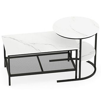 2 pc Coffee Table Set with Rectangular Table & Side Table with Open Storage Shelves for Living Room