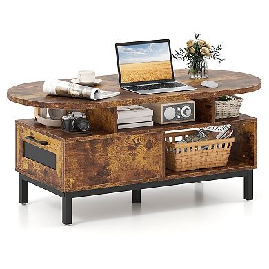 Modern Oval Coffee Table with Storage Drawer and Open Shelves for Living Room Organization