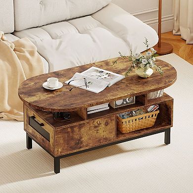 Modern Oval Coffee Table with Storage Drawer and Open Shelves for Living Room Organization