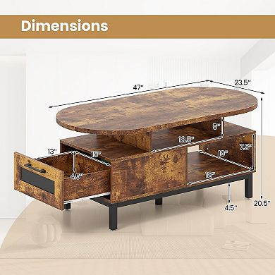 Modern Oval Coffee Table with Storage Drawer and Open Shelves for Living Room Organization