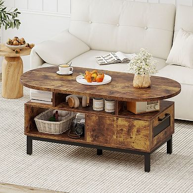 Modern Oval Coffee Table with Storage Drawer and Open Shelves for Living Room Organization