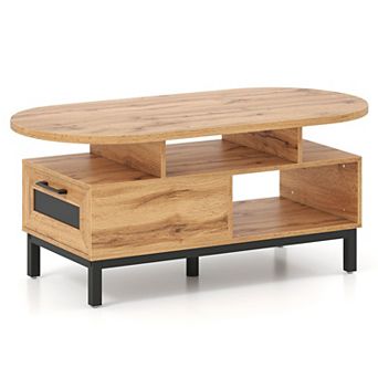 Modern Oval Coffee Table with Storage Drawer and Open Shelves for Living Room Organization
