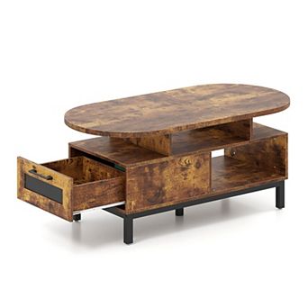 Modern Oval Coffee Table with Storage Drawer and Open Shelves for Living Room Organization