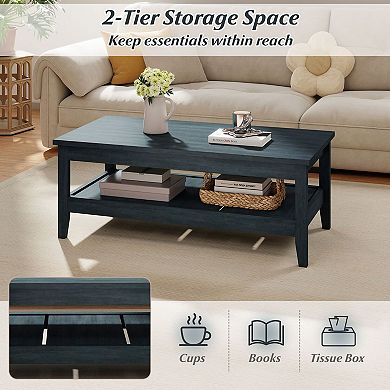 2 Tier Rectangular Coffee Table with Open Storage Shelf and Wide Tabletop for Living Room