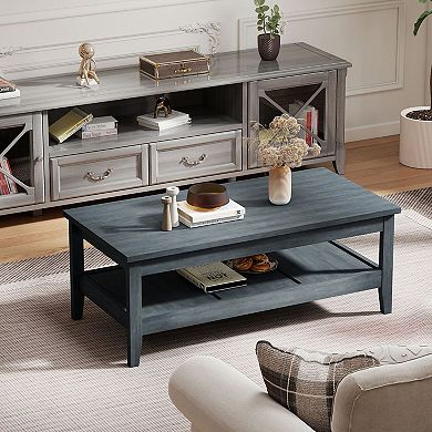 2 Tier Rectangular Coffee Table with Open Storage Shelf and Wide Tabletop for Living Room