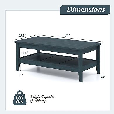 2 Tier Rectangular Coffee Table with Open Storage Shelf and Wide Tabletop for Living Room