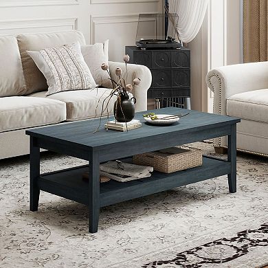 2 Tier Rectangular Coffee Table with Open Storage Shelf and Wide Tabletop for Living Room