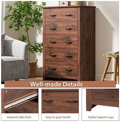 5-Drawer Tall Storage Cabinet, MDF Bedroom Organizer with Anti-Tip Hardware