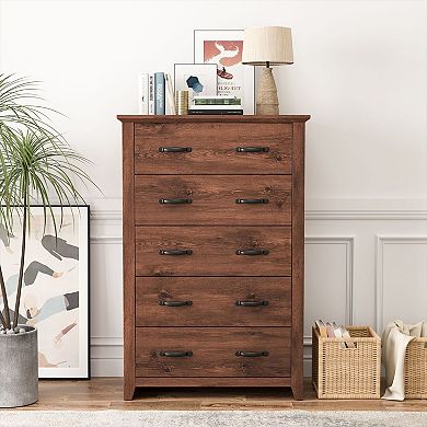 5-Drawer Tall Storage Cabinet, MDF Bedroom Organizer with Anti-Tip Hardware