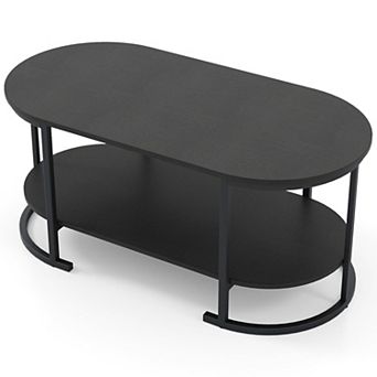 2 tier Oval Coffee Table with Open Storage Shelf and Metal Frame for Living Room