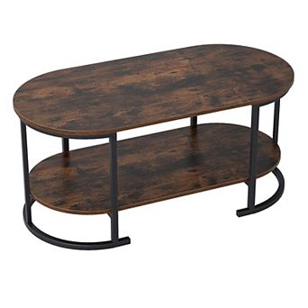 2 tier Oval Coffee Table with Open Storage Shelf and Metal Frame for Living Room
