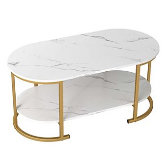 2 tier Oval Coffee Table with Open Storage Shelf and Metal Frame for Living Room