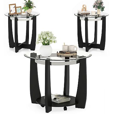 2 Tier Glass Round Coffee Table with Storage Shelf for Living Room
