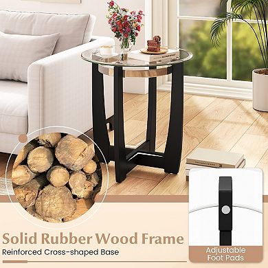 2 Tier Glass Round Coffee Table with Storage Shelf for Living Room