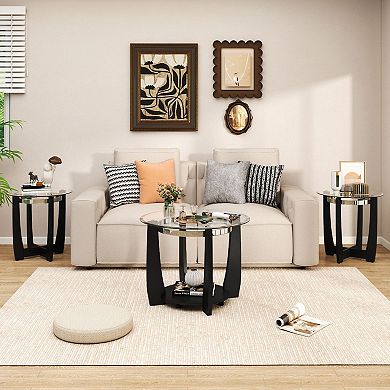 2 Tier Glass Round Coffee Table with Storage Shelf for Living Room