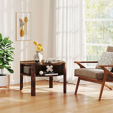 Round Coffee Table with Dual Side Shelves and Open Storage Design for Living Room