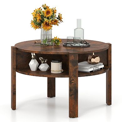 Round Coffee Table with Dual Side Shelves and Open Storage Design for Living Room