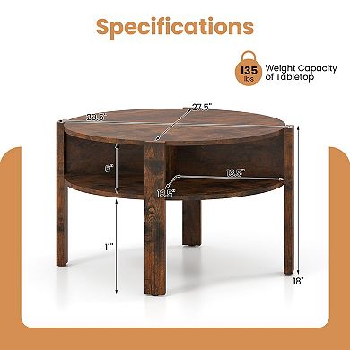 Round Coffee Table with Dual Side Shelves and Open Storage Design for Living Room