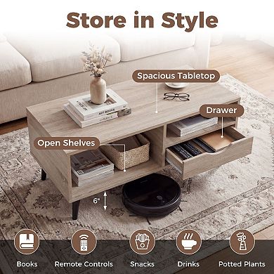 Modern Coffee Table with Multi Storage Compartments and Built In Drawer for Home Use
