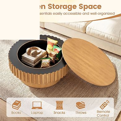Round Fluted Drum Coffee Table with Flip Top Hidden Storage for Living Room