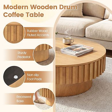Round Fluted Drum Coffee Table with Flip Top Hidden Storage for Living Room
