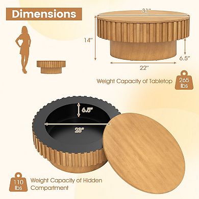 Round Fluted Drum Coffee Table with Flip Top Hidden Storage for Living Room