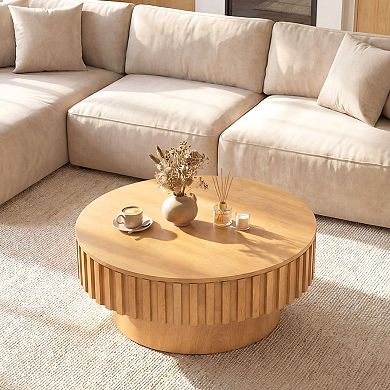 Round Fluted Drum Coffee Table with Flip Top Hidden Storage for Living Room