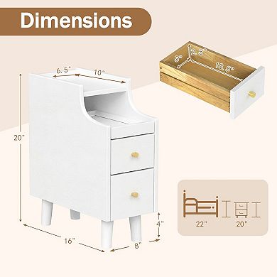 Set of 2 Narrow Nightstand with Pull-Out Tray 2 Drawers Slim Bedside Table Cable Management