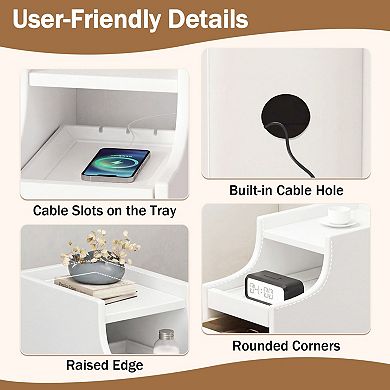 Set of 2 Narrow Nightstand with Pull-Out Tray 2 Drawers Slim Bedside Table Cable Management