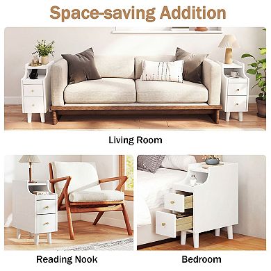 Set of 2 Narrow Nightstand with Pull-Out Tray 2 Drawers Slim Bedside Table Cable Management
