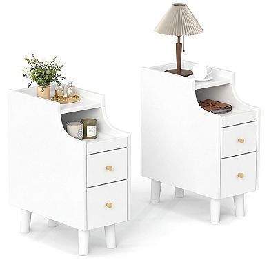 Set of 2 Narrow Nightstand with Pull-Out Tray 2 Drawers Slim Bedside Table Cable Management