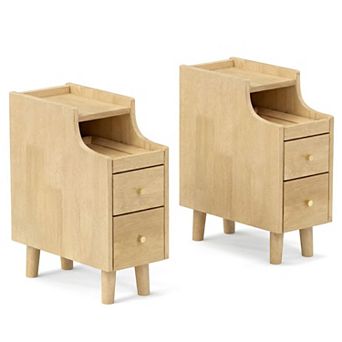 Set of 2 Narrow Nightstand with Pull-Out Tray 2 Drawers Slim Bedside Table Cable Management