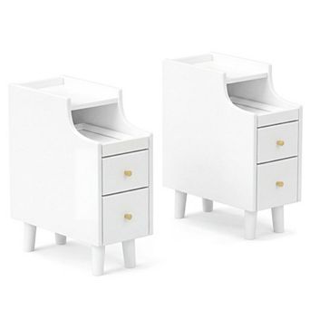 Set of 2 Narrow Nightstand with Pull-Out Tray 2 Drawers Slim Bedside Table Cable Management