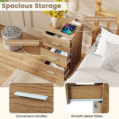 Compact 3-Drawer Nightstand USB Type-C Charging Station Bedside Table Metal Frame Storage