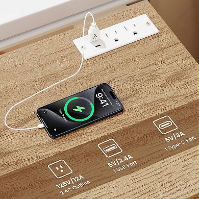 Compact 3-Drawer Nightstand USB Type-C Charging Station Bedside Table Metal Frame Storage