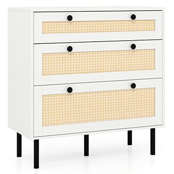 3-Drawer Nightstand Dresser Rattan Wood Grain Storage Cabinet Metal Slides Anti-Tip Kit