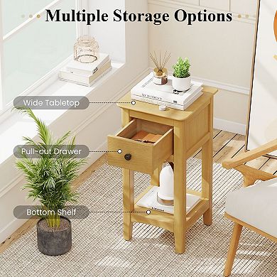 3-Tier Bedside Nightstand Solid Wood Compact Storage Table Drawer Open Shelf Bedroom