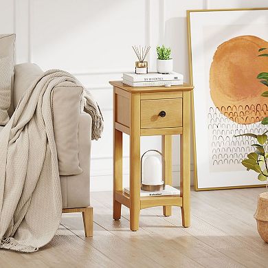 3-Tier Bedside Nightstand Solid Wood Compact Storage Table Drawer Open Shelf Bedroom
