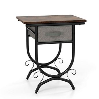 Industrial Side Table with Fabric Drawer and Wood Look Top for Bedroom