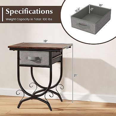 Industrial Side Table with Fabric Drawer and Wood Look Top for Bedroom