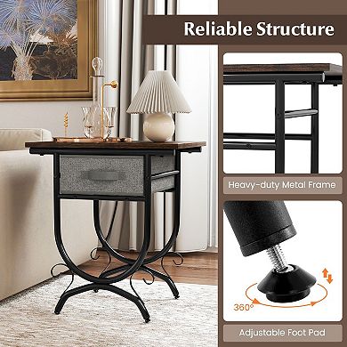 Industrial Side Table with Fabric Drawer and Wood Look Top for Bedroom