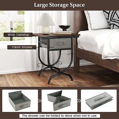 Industrial Side Table with Fabric Drawer and Wood Look Top for Bedroom