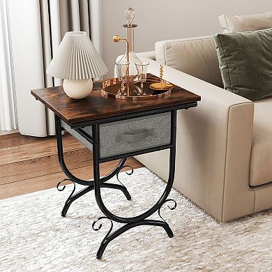Industrial Side Table with Fabric Drawer and Wood Look Top for Bedroom