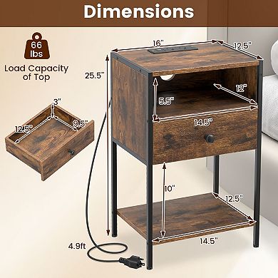 Nightstand with Charging Station USB Ports Drawer and Storage Shelf