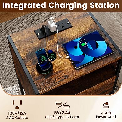 Nightstand with Charging Station USB Ports Drawer and Storage Shelf