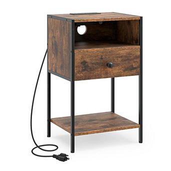 Nightstand with Charging Station USB Ports Drawer and Storage Shelf