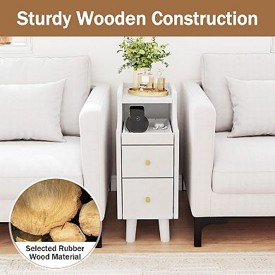 Narrow Bedside Table with Storage Drawers and Built In Cable Management